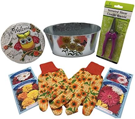 Flower Garden Kit (8pc set)-Includes Sunflower Planter, Ladies Gardening Gloves, Flower Garden Seeds, Garden Stone, and Serrated Gardening Shears