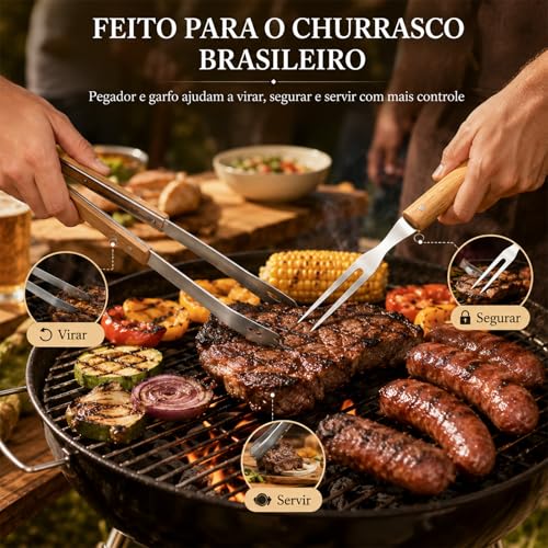 Jogo de Churrasco Tradicional 6 Peças, Kit Churrasco com Tabua, Faca Churrasco, Garfo Trinchante, Pegador para Carne e Afiador, Laminas em Aço Inox, com Bolsa Portátil, Ideal para Camping e Viagens