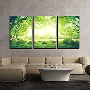 3 Piece Canvas Wall Art - Sunny Day in Summer Park - Modern Home Art Stretched and Framed Ready to Hang - 16"x24"x3 Panels