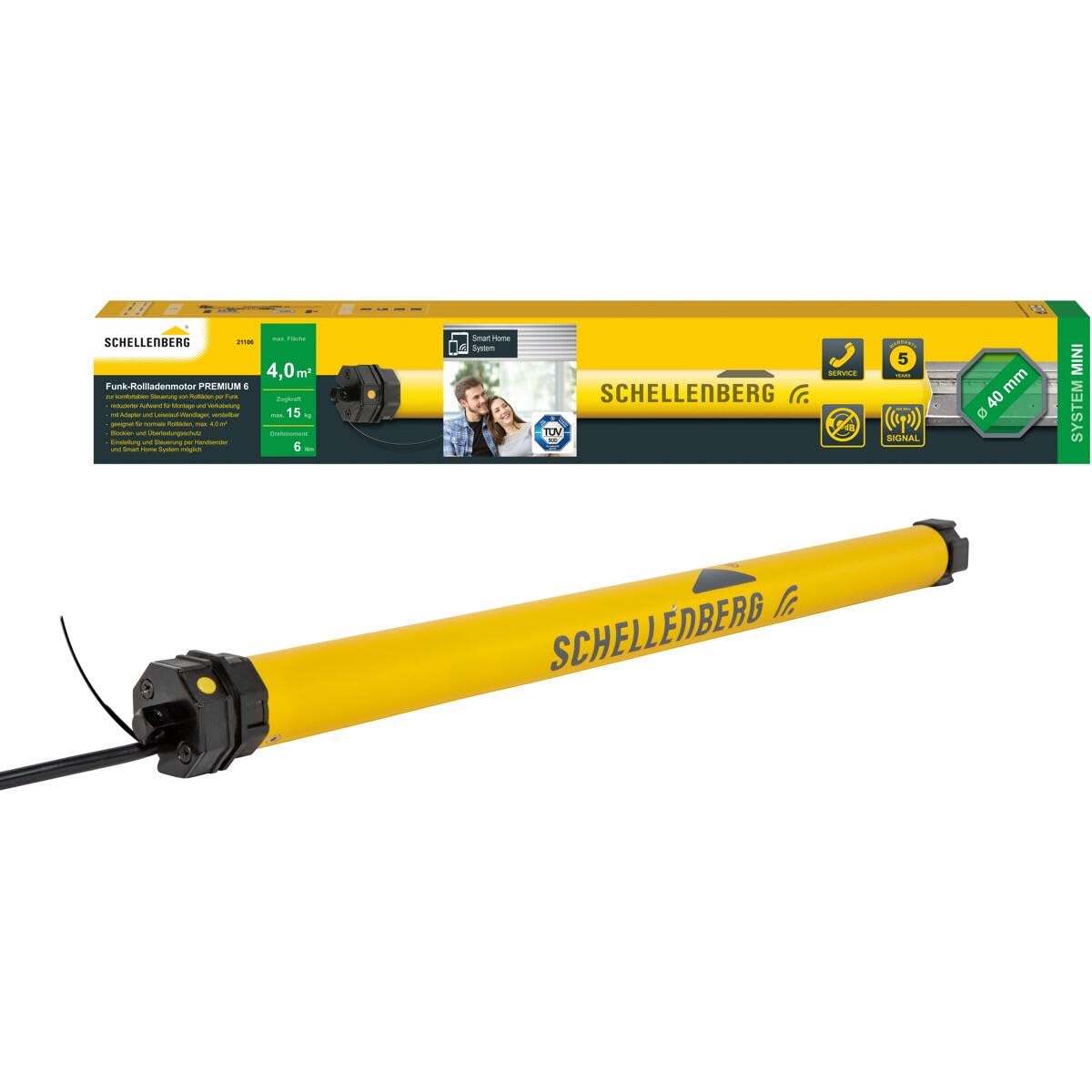 Schellenberg 21106 Rolladenmotor mit Funk Neue Generation, 6 Nm, bis 4 m² Fläche, für 40 mm Rolladenwellen 868.4 MHz Radio Frequency, Smart controllable with Alexa and Google Home, Yellow
