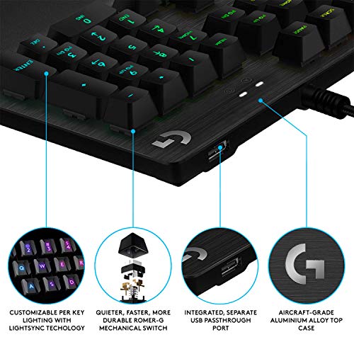 Logitech G512 Mechanical Gaming Keyboard Special Edition,RGB Lightsync Backlit Keys,GX Blue Clicky Key Switches,Brushed Aluminum Case,Customizable F-Keys, USB Pass Through,AZERTY France - Black
