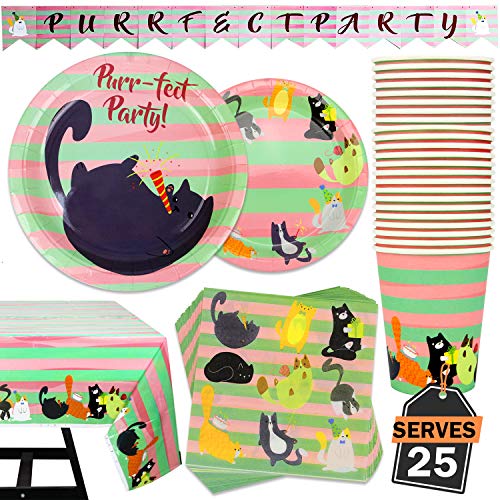 177 Piece Cat Theme Party Supplies Set Including Banner, Plates, Cups, Napkins, Tablecloth, Spoon, Forks, and Knives, Serves 25 - Thumbnail 6