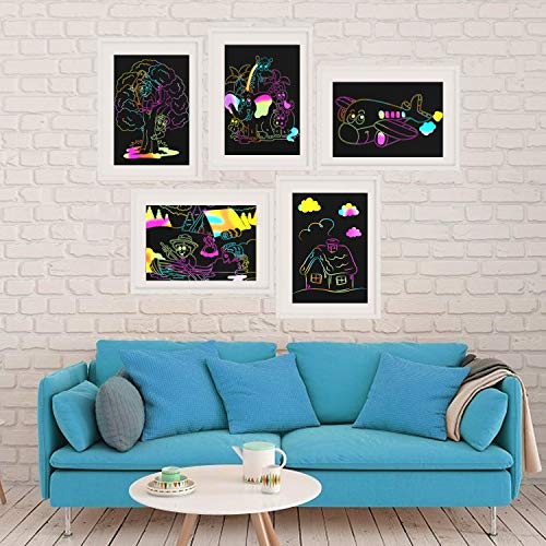 Mosoan Scratch Art Paper Set for Kids, 50pcs Rainbow Magic Scratch Off Paper Black Doodle Pads Boards with 8 Wooden Styluses, 4 Stencils and 1 Brush for Christmas Birthday Gift Easter Party Game