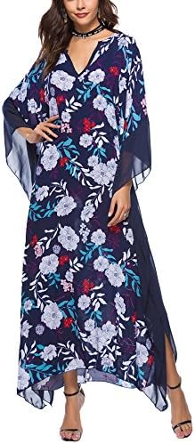 JYUAN Women's Floral Kaftan Tunic Dress V Neck Loose Beach Maxi Dresses Cover Up