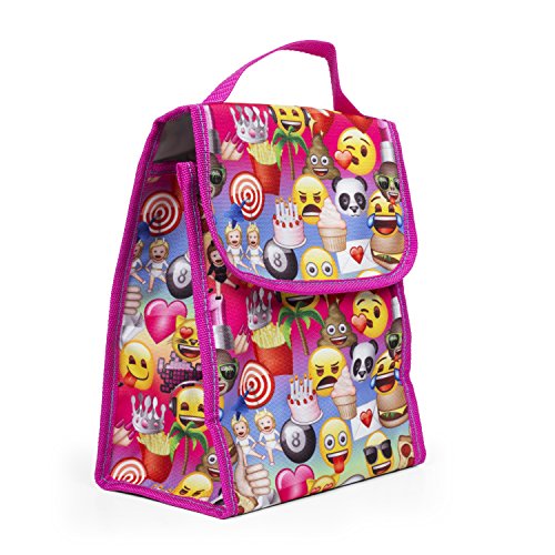 Emoji Insulated Lunch Bag, Reusable Outdoor Travel Picnic School Lunch Box Collapsible Tote Bag with Front Pocket, Foldable & Multi-use for Kids