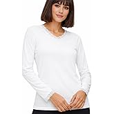 VAVONNE Long Sleeve Undershirt for Women, All Cotton Scrub Shirts, Lace V-Neck Camisole Underscrub Tee Tops