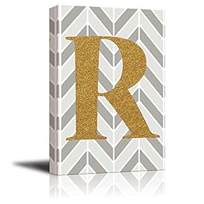 The Letter R in Gold Leaf Effect on Geometric Background - Modern Hip Young Art Art - Canvas Art Home Art - 12x18 inches