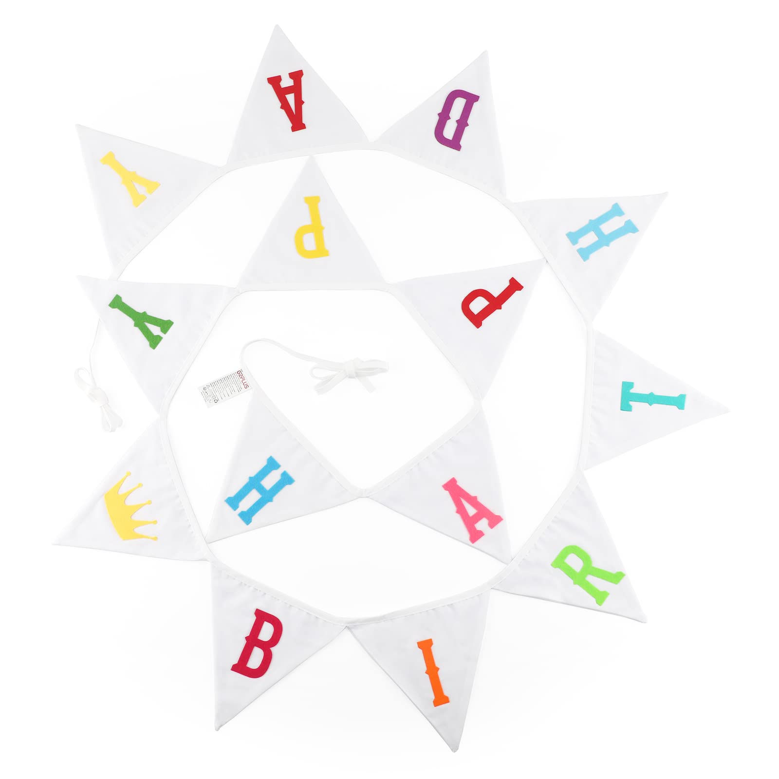 G2PLUS Happy Birthday Fabric Banner, 3.3M Double Sided Floral Triangle Bunting with 12PCS Floral Pennants for Brithday Party Bedroom Decorations-White