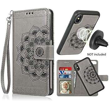 iPhone X/XS Case,iPhone X/XS Wallet Case with Detachable Slim Case,Card Solt Holder,Fit Car Mount,CASEOWL Mandala Flower Floral Embossed Leather Flip Lanyard Wallet Case for iPhone X/XS/10/10S[Gray]