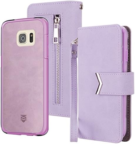 Majesticase Samsung Galaxy S7 Edge Wallet Case Premium Suede Leather Wristlet &amp; Detachable Removable Magnetic Hybrid Protective Shell Cover &amp; Back Zipper + Removable Strap - Lavender