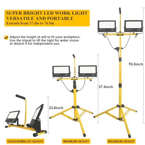 BOYKIM LED Work Light with Stand,200W 20000Lumens Portable Outdoor Flood Lights with 16ft Long Power Cord,IP66 Waterproof Adjustable Height for Construction Garage Workshop Jobsite