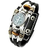 EENSYWEENSY Saint Benedict Medal Braided Rope Bracelet - Adjustable Multi Layer Leather Cords Beaded Bracelet for Men and Women