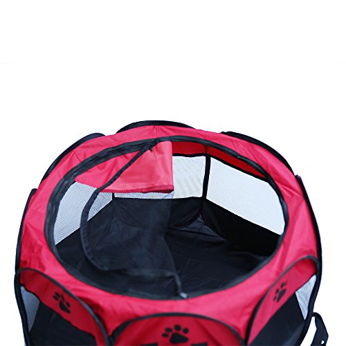 HENREK Pet Dog Cat Playpen Cage Crate - Portable Folding Exercise Kennel - Indoor & Outdoor Use (L(35"Dia x 24"H), Red) - Thumbnail 7