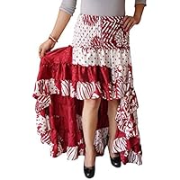 Womens Hi Low Skirt Vintage Recycled Sari Cherished Cheer Full Flare Tiered Ruffle Flirty Skirts S/M (Red, White)