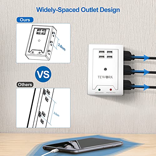 Outlet Extender with USB, 1050 Surge Protector, Multi Plug Outlet Extender with 4 USB Ports, 6-Outlet Wall Mount Adapter Widely Spaced with Top Phone Holder for Home, Dorm Essential, Office-White