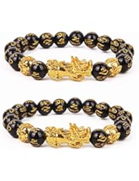 2 Pcs Pi Xiu Bracelet Feng Shui Black Obsidian Wealth Bracelet for Women Men Adjustable Elastic