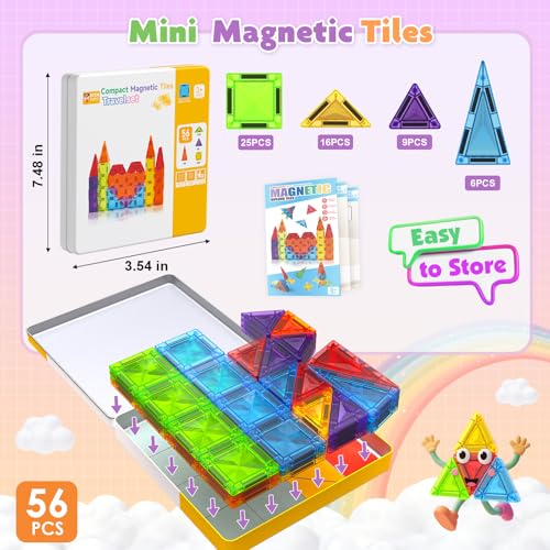 Magnetic Blocks Construction Children in Metal Box – 56 Pieces Magnetic Children – Magnetic Blocks Travel Toy to Build Castles – Magnetic Tiles Montessori Travel Toys 3+ Years