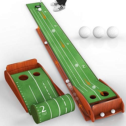 Kuwork Wood Golf Putting Mat with Auto Ball Return System, Indoor Golf Putting Green Mats Practice Aid Equipment, Golf Gifts for Men for Indoor Outdoor Home Office Backyard Use