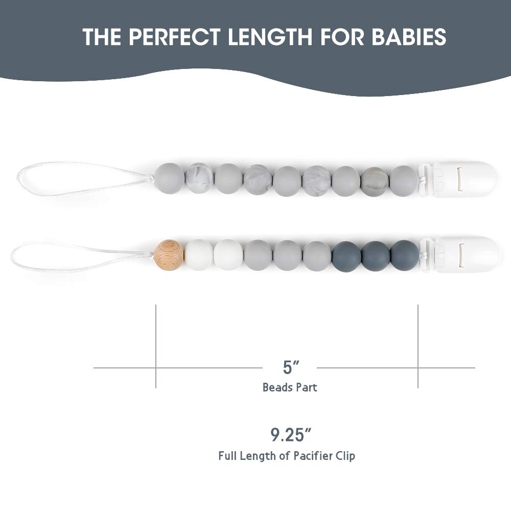 MCGMITT Pacifier Clip, Silicone Binky Teether Holder BPA Free Teething Beads for Baby Girls Boys, 2 Pack Shower Gift Set (Grey) : Baby