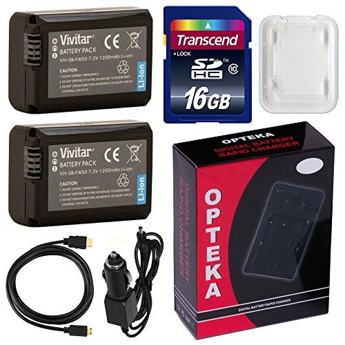 Sony DSLR Replacement Battery (2) Camera Accessories Kit for Alpha, NEX, Cybershot + 16GB Memory Card + AC/DC Charger w/ Car and European Adapter + HDMI + Cleaning Set