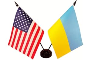 ZIGVERT US American & Ukraine Friendship Table Flag, American Ukraine Desk Flag,US, Ukrainian Twin Desk Flag Set, Ukrainian Flags For Room Display-Miniature USA & Ukraine Combination Flag