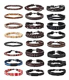 FIBO STEEL 6-24 Pcs Braided Leather Bracelets for Men Women Tribal Cuff Wrap Wrist Bracelet Set Adjustable Black and Brown