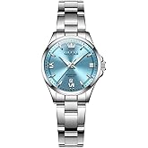 OLEVS Stainless Steel Watches for Women, Luxury Silver Ladies Watch with Date, Waterproof Analog Quartz Dainty Womens Watches, White/Pink/Blue/Purple Dial