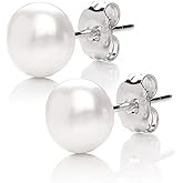 MABELLA 925 Sterling Silver AAA Genuine Freshwater Cultured Pearl White Button Stud Earrings Jewelry Gifts for Women