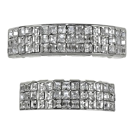 VIP Grillz Set Top And Bottom Silver Tone Iced-Out 3 Three Rows Square Stones Upper And Lower Grills