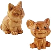 NOIAFZY 2Pcs Adorable Wooden Cat Figurine Ornaments and Sitting Cat Cute Cat Wood Carving Desktop Small Ornaments Tea Pet Accessory