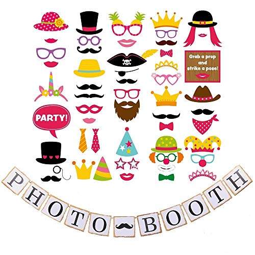 Marnick Photo Booth Props (55 pcs) Assorted Funny Birthday Shower Reunion Selfie Station BONUS Banner Kit