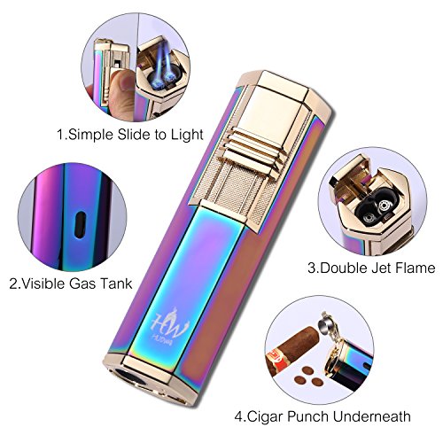 HUOWA Dual Jets Torch Cigar Lighter with a Cigar Punch Cutter, Butane Gas Fuel Refillable Windproof Cigarette Lighter (Colorful)