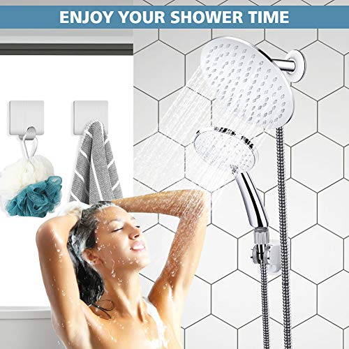 8 inch High Pressure Shower Head Stainless Steel Rainfall 3 Settings Handheld Shower Head Combo with 60'' Hose - Chrome Finish With Strong Suction Holder Flow Regulator 4 Shower Hooks