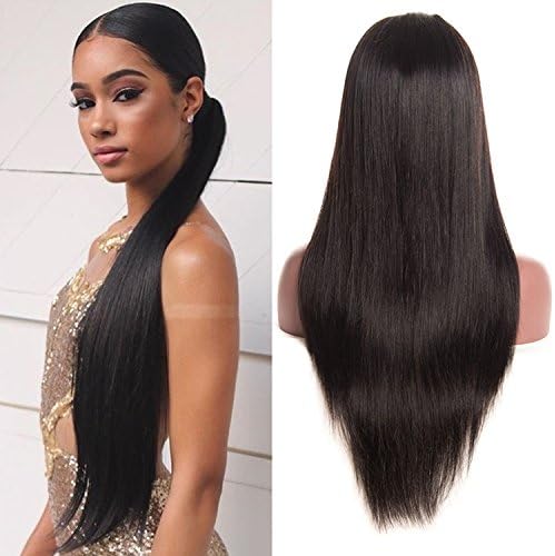 Fyonas Silk Top Wig Straight Hair Brazilian Human Virgin Hair with Baby Hair for Black Women Silky Straight Pre Plucked Hairline Glueless Full Lace Wigs 130% Density 26 Inch Natural Black Color