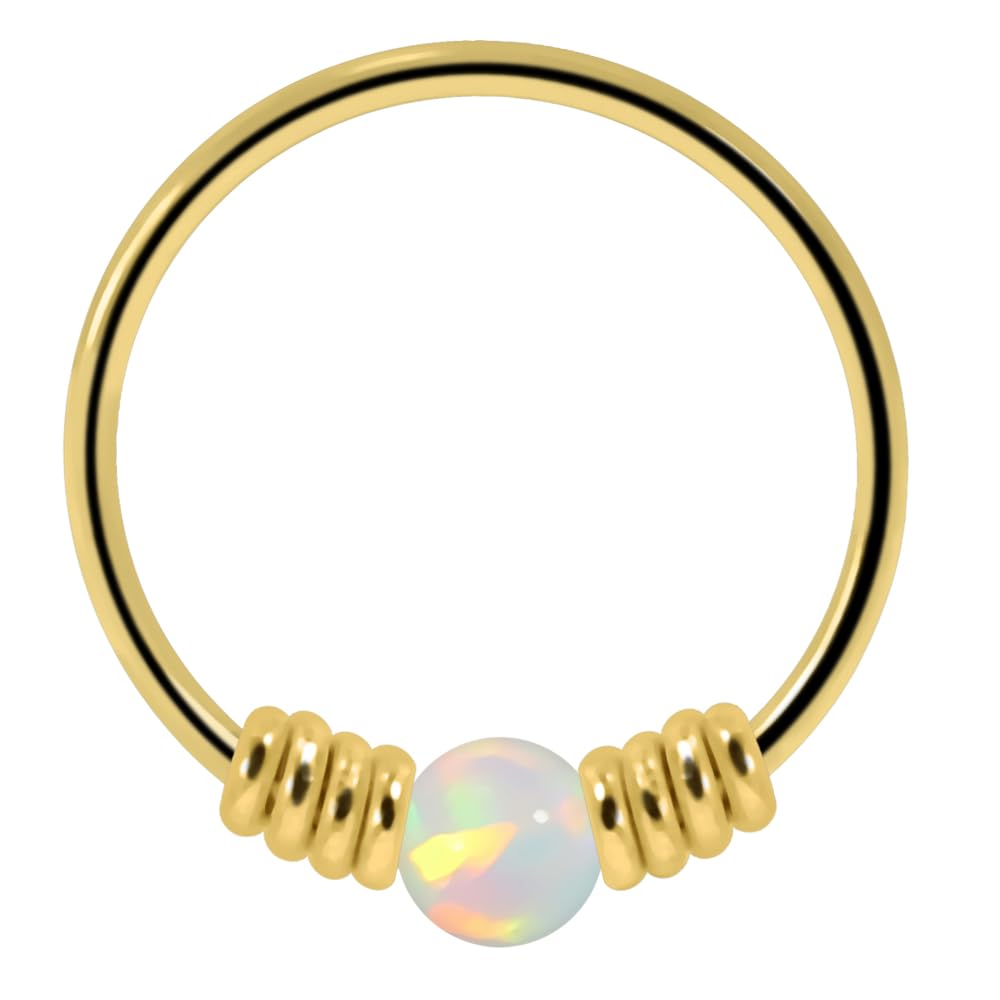 AZARIO LONDON 9K Solid Yellow Gold White - Rainbow Opal Stone with Double Spring Coil 22 Gauge Hoop Nose Ring Tragus Helix Piercing