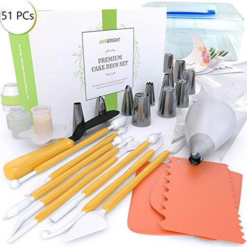 Cake Decorating Kit – 51 Pieces. Best Stainless Steel Bakery Supplies Set - 6 Russian & 6 Cone Piping Tips, Spatula, Fantang Tool, Scraper, Tricolor & Cone Coupler, Cupcake Corer, Bag set, Guidebook