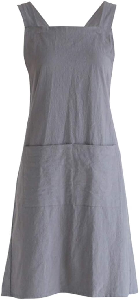 FBBULES Kitchen Apron with Pocket, Cotton Linen Japanese Style Apron, Cross Back Bandage Halter Pinafore