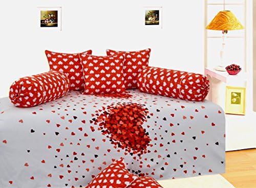 Red White Printed Cotton Satin Diwan Bed Set Of 6 Home Décor Bedspread 210 TC