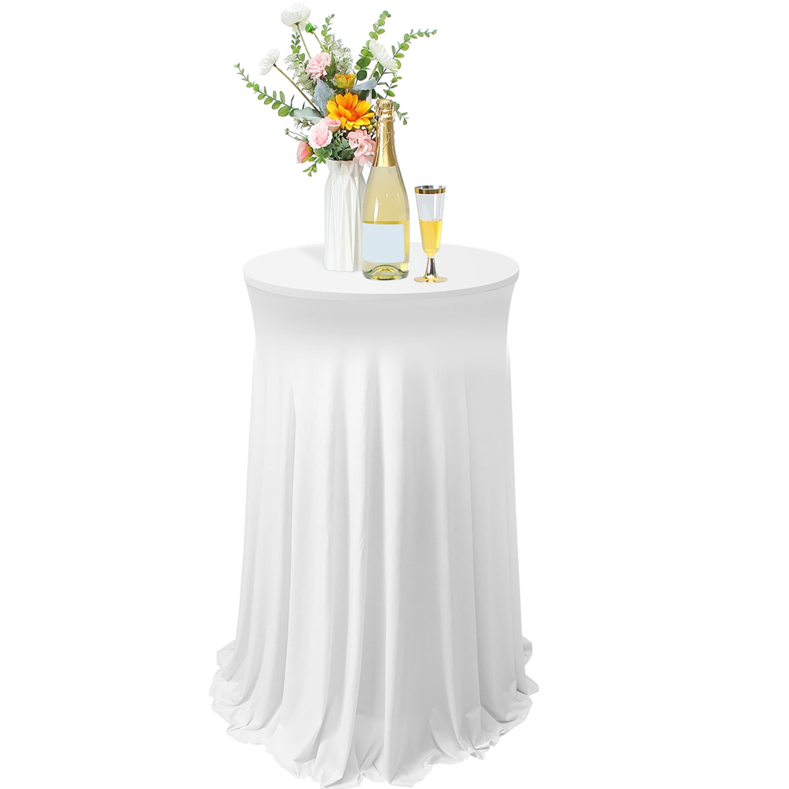 Photo 1 of Tegeme 1 Pack 32 x 43 Inch Round Spandex Cocktail Tablecloths with Skirt Cocktail Round Table Cover Spandex Stretch Tablecloth for Fitted High Top Table Bar Wedding Party Banquet (White)