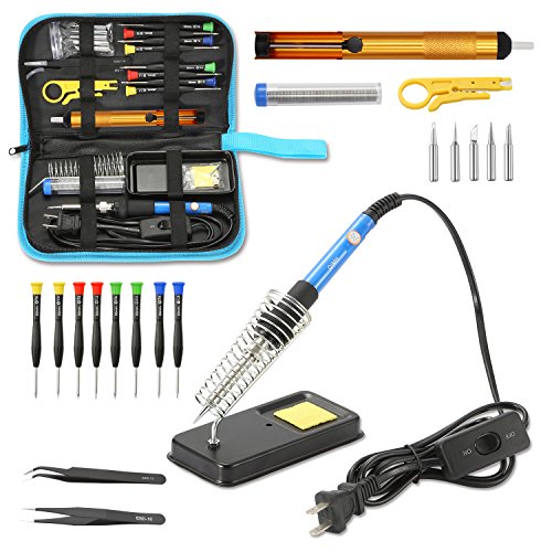 Qimh Soldering Iron Kit,60W 110V Adjustable Temperature 23-In-1 Welding Soldering Iron with ON/OFF Switch,5 Different Tip,Soldering Sucker,Desoldering Pump,2Anti-Static Tweezers,Wire cutter,wire,stand