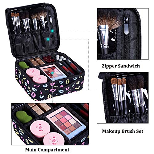 Lip Print Makeup Bag,Goldwheat Portable Travel Makeup Train Case Cosmetic Bag Organizer with Adjustable Compartment Brush Holder - Thumbnail 2