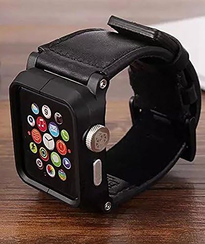 Apple Watch All In One Rugged Case &amp; Band, Crazy Panda® Premium Genuine Leather Strap Wrist Band Replacement Metal Clasp for Apple watch All Models -42mm(metal case+cow leather band) (2 black)