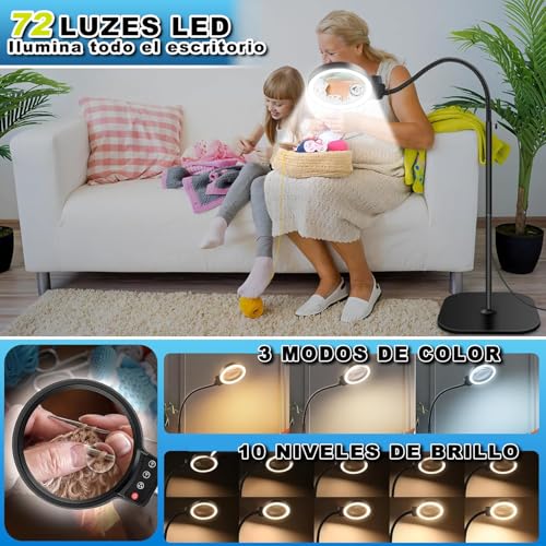 URPOWㅤ Lupa con Luz Led 30X 10X, LLámpara con Lupa 2 en 1, 3 Modos de Color, Oscurecimiento de 10 Niveles, para el Hogar, Oficina, Lectura, Costura, Bordado (Negro)