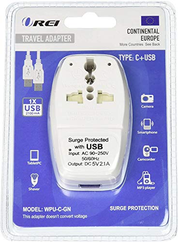 OREI 3 in 1 Continental Europe Travel Adapter Plug with USB and Surge Protection - Type C - Turkey, Italy & More