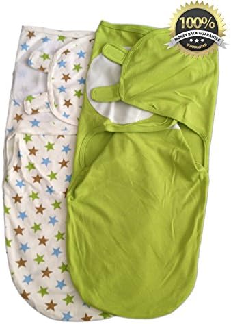 Velcro Adjustable Swaddle Wrap Set 2 Pack - Softest Cotton Sleep Sack in Stars and Solid Green - Best Baby Gift for Boys, Girls, Unisex, 6 - 12 Month - Half Price for Summer Promotion