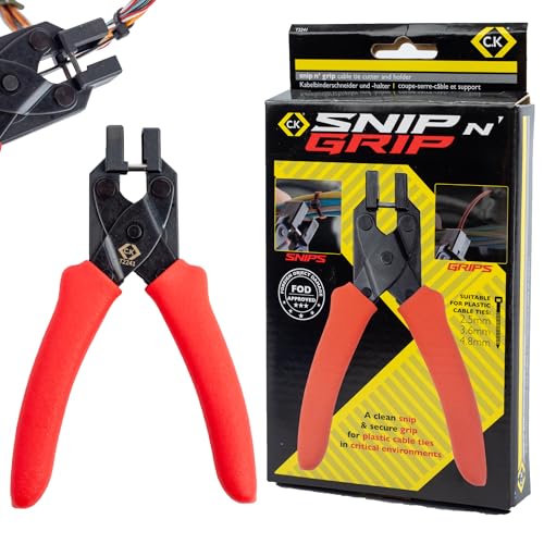 C.K Tools Snip n’ Grip Cable Tie Cutter & Holder – FOD Engineered Head - Retain Cut Ends - High-Carbon Steel - Flush Cut for 2.5/3.6/4.8mm Ties, Professional Drop Prevention Tool, CK T2241
