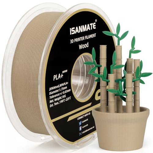 iSANMATE Filamento di legno 1,75 mm, PLA+ filamento di legno 1,75 mm, Wood PLA+ Filamento per stampante 3D 1 kg/Spool (aggiornamento 20% fibra di legno, 80% PLA+)