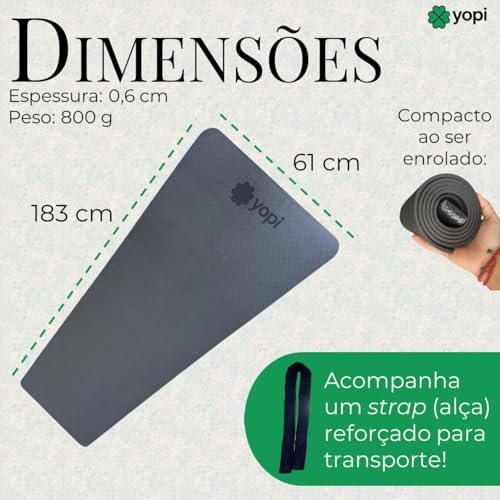 Tapete de Yoga, Preto, TPE Ecológico, 183 x 61 x 0,6 cm, Texturizado, Impermeável, Resistente ao Suor, com Alça de Transporte, Grande, 6mm de espessura, Ioga, Pilates, Yopi