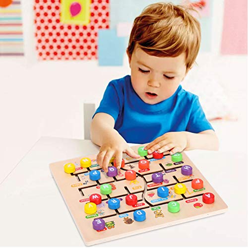 AiTuiTui Wooden Alphabet Maze Board, ABC 26 Letters Match Puzzle Learning Toys Early Educational Motor Skill Activity Matching Games with Cute Illustrations for Kids Toddlers Gifts