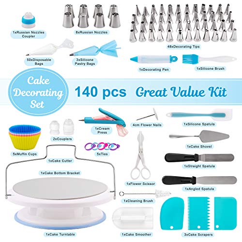 Cake Decorating Kit - 140-Piece Baking Supplies Set with 151 Bonuses, 291 Total - Bakeware Set with Turntable, Spatula, Russian Piping Tips Nozzles, Pastry Bags, Couplers, Scrapers - Great Gift Idea